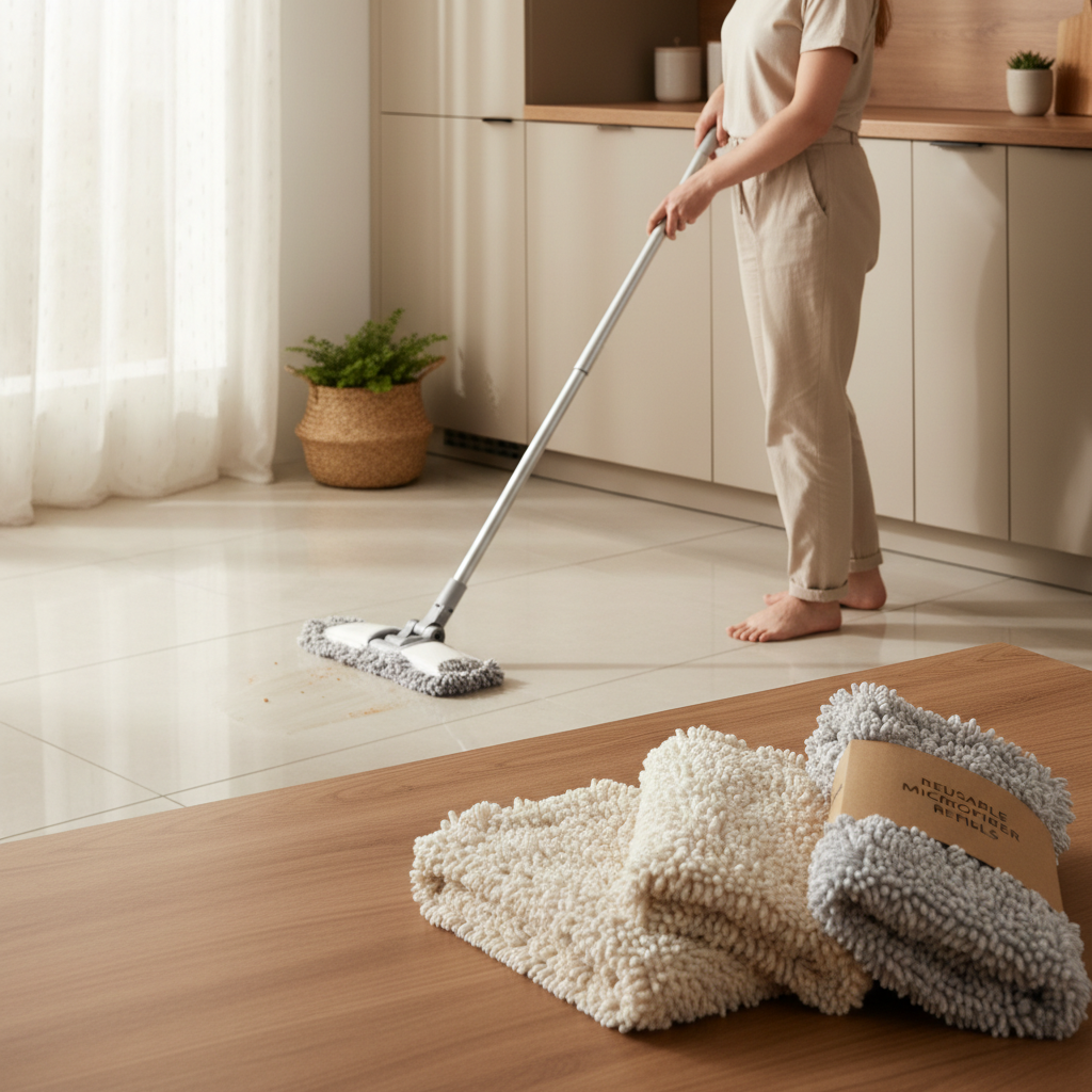 Personne utilisant une serpillère microfibre avec têtes de rechange visibles